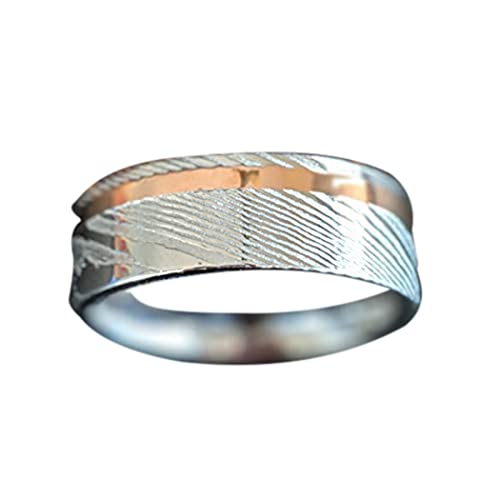 Damascus Rings Mens Wedding Band Silver and Rose Gold Ring 8mm Damascus Steel Ring with Offset 18K Rose Gold Inlay Comfort Fit Sizing Unique Anniversary Gifts for Him