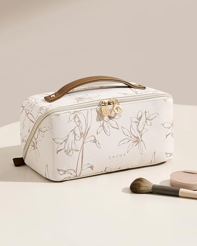 EACHY Travel Makeup Bag, Floral Cosmetic Bag for Women, Beige, Medium