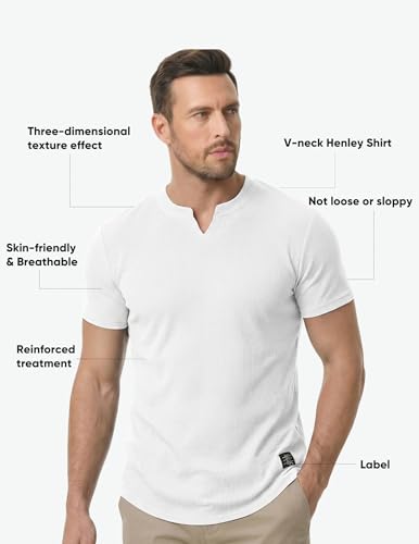 JMIERR Men's Muscle Slim Fit T-Shirt V Neck Hipster Longline White Henley Shirt Short Sleeve Gym Workout Athletic Fitted Tees Shirts for Men,US 43(L)