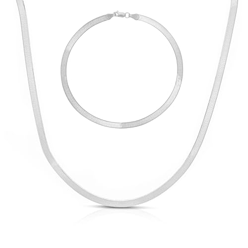 Floreo 14k White Gold 3mm Solid Herringbone Chain Necklace and Bracelet Set, 16 Inch Necklace, 7 Inch Bracelet