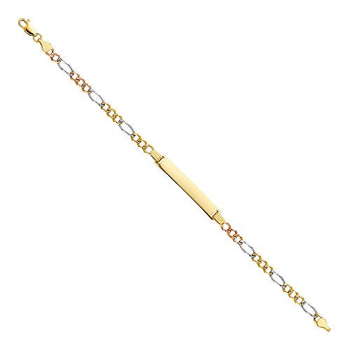 The World Jewelry Center 14k Real Tri Color Gold Figaro 3+1 ID Bracelet - 7.5"