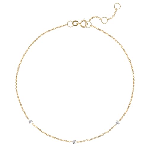 Ethos Jewelry 14K Solid Yellow Gold 3-Diamond Station Bracelet (585) – Dainty 1mm Adjustable Chain, Minimalist Handmade Jewelry Gift for Women