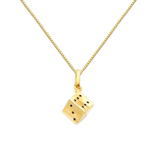 The World Jewelry Center 14k Real Yellow Gold Dice Pendant with 0.65mm Box Link Chain Necklace - 18"