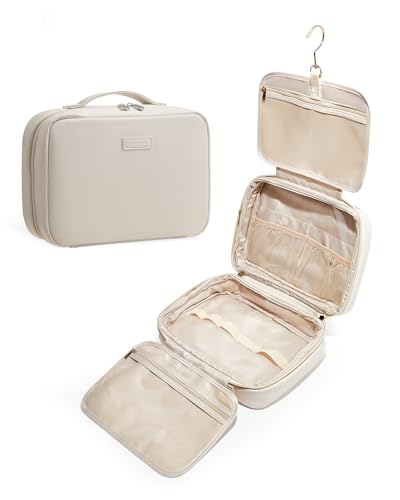 EACHY Toiletry Bag with Hanging Hook, Travel Makeup Bag PU Leather Cosmetic Bags for Women Make Up Organizer with 4 Compartments Waterproof Full-Size Portable Travel Essentials (Beige)