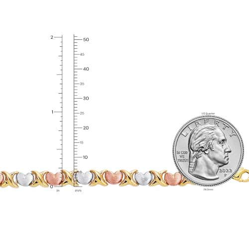 Floreo 14k Tri-Color Gold 5.7mm XOXO Heart Stampato Link Bracelet, 7.25 Inch