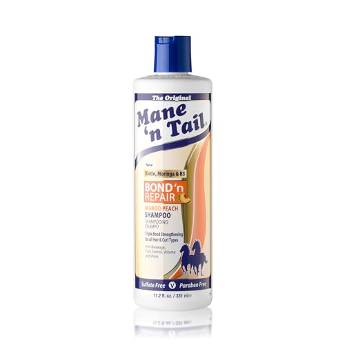 Mane 'n Tail Bond ’n Repair Shampoo, Sulfate-Free Strengthening Shampoo for Damaged Hair, Anti-Breakage Triple Bond Repair with Biotin, Moringa & Niacinamide, Mango Peach 11.2 fl oz