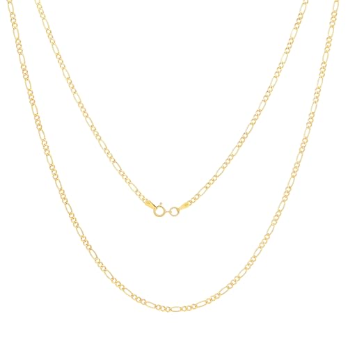 Nuragold 10k Real Yellow Gold Figaro Link 2mm Thin Chain Necklace (16"-26") - 22"