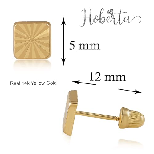 Real 14k and 10K solid Yellow Gold Tiny Stud Earrings with Screw back for Women And Men for Sensitive ears Small & Minimalist Studs Jewelry for Gifts(Diamond Cut Square earrings)