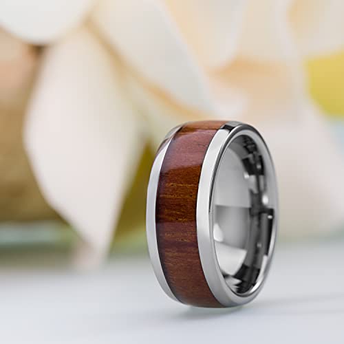 Tungsten Carbide Genuine Natural Hawaiian Koa Wood Tree Inlay Comfort Fit Ring 8mm 6mm 4mm Wedding Band Dome Style High Polished Finish with Gift Box Included (8mm Tungsten, 10)