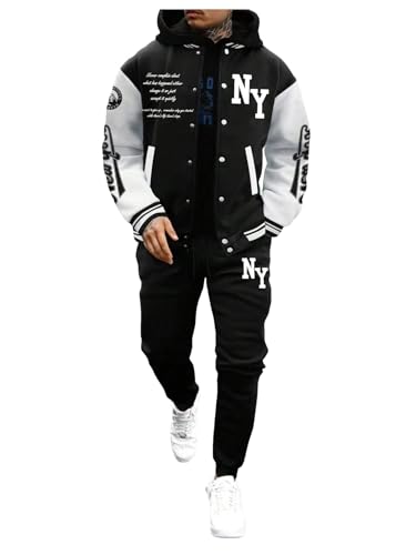 SOLY HUX Men's Tracksuit 2 Piece Outfits Color Block Letter Graphic Long Sleeve Varsity Jacket and Pants Set Black and White Letter Medium