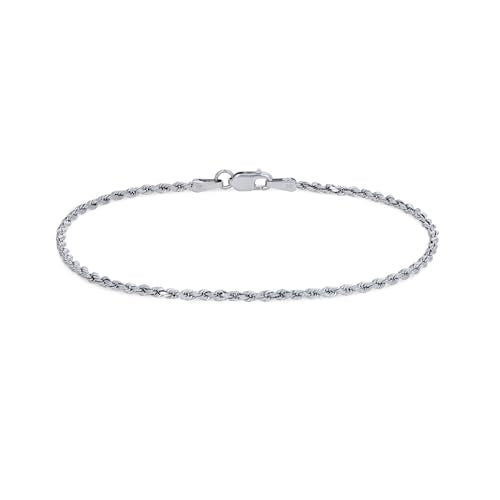 Nuragold 14k Real White Gold 2mm Rope Chain Diamond Cut Bracelet (7"-9") - 8.5"