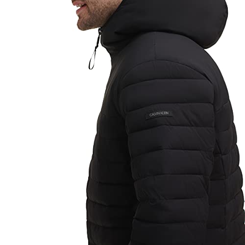 Calvin Klein Men's Lightweight Packable Down Jacket with Fleece Bib and Removable Hood,Black Stretch, X-Large