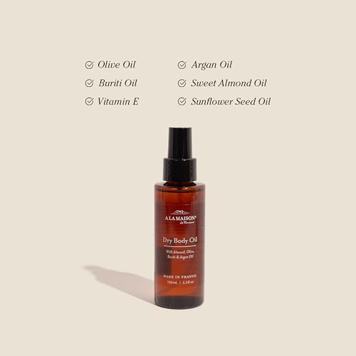 A LA MAISON Dry Body Oil Spray – Lightweight After-Shower Body Oil with Argan, Sweet Almond & Buriti Oils – Moisturizing & Fast-Absorbing, Made in France 3.3 oz – Amber Collection