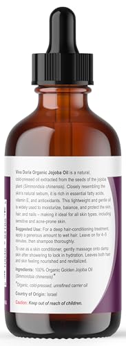 Viva Doria Jojoba Oil, USDA Certified Organic, 4 fl oz, Natural Jojoba Oil for Hair, Skin & Face, Cold Pressed Unrefined