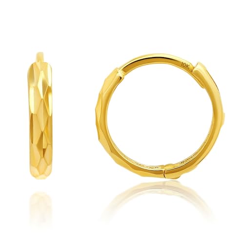 MAX + STONE Solid 10k Gold Hoop Earrings for Women with Hidden Hinged Back 12 mm (0.47 inches) Yellow Huggie Fancy