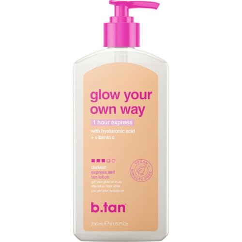 b.tan Dark Self Tanning Lotion | Glow Your Own Way 1 Hr Express Sunless Tanner - Daily Quick Suntan Cream, Best Natural Bronze, Ultra Hydrating, Face & Body, No Fake Tan Smell, Summer & Pool Essential