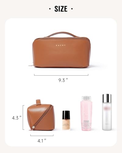 EACHY Travel Makeup Bag for Women, PU Leather Cosmetic Bag, Brown, Medium