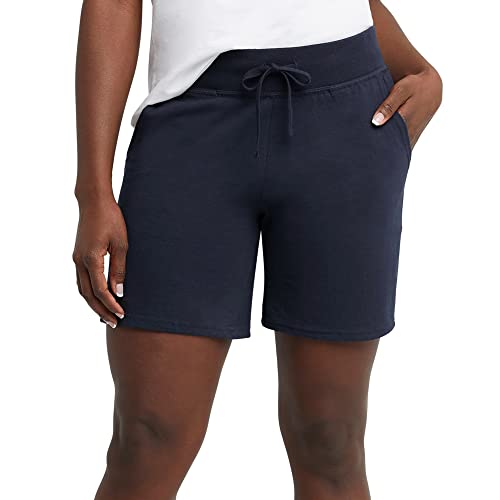 Hanes Women's Pocket Drawstring Cotton 7in Inseam Shorts Coat, Navy, Large