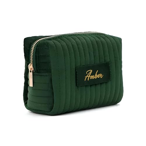 Home and Plan Personalized Green Velvet Makeup Bag with Name - Custom Cosmetic Travel Organizer Toiletry Bag - Luxury Zippered Makeup Pouch for Women - Gift for Birthday, Mother's Day, Wedding