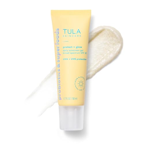 TULA Skin Care Protect + Glow Daily Sunscreen - Gel, Broad Spectrum SPF 30, Skincare-First, Non-Greasy, Non-Comedogenic and Reef-Safe with Pollution and Blue Light Protection, Regular, 1.7 fl oz.