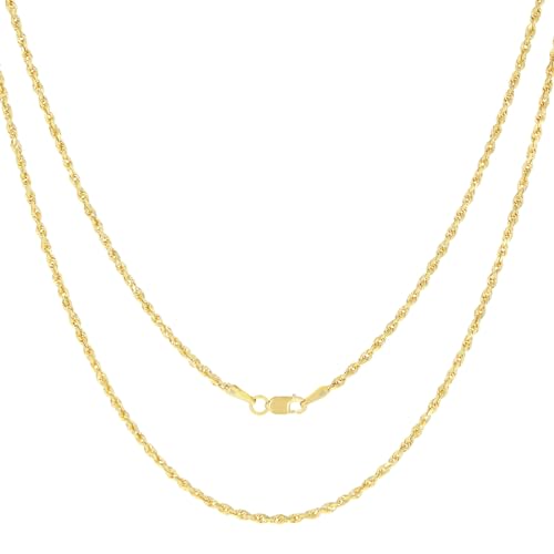 Nuragold 14k Real Yellow Gold Rope Chain Solid Diamond Cut Necklace - 1.8mm - 22"