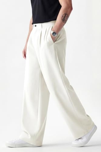 Heyfanee Mens Casual Dress Pants Loose Fit Wrinkle Free Chino Pants for Men Relaxed Fit Slacks White 34
