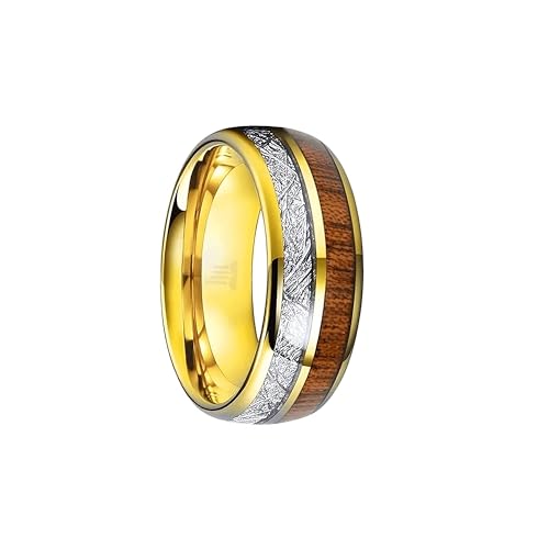 Koa Wood Rings for Men Wedding Band Meteorite Ring Tungsten 14K Gold Ring with Wooden Inlay Tropical 8mm Unique Space Rock Yellow Gold Gifts for Him Cosmic Couples Rings