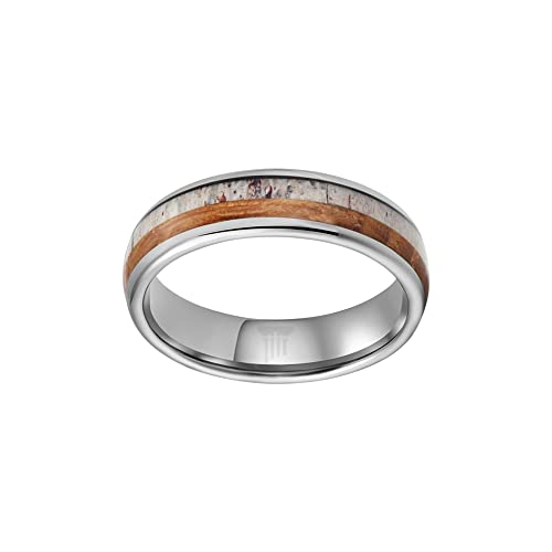 6mm Antler & Whiskey Barrel Rings for Men Tungsten Wedding Band Unique Nature Ring Deer Antler and Bourbon Barrel Wood Rings Anniversary Gifts for Him