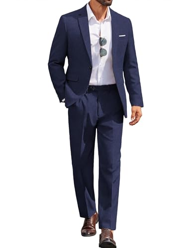 COOFANDY Men Suits Classic Fit 2 Piece Suit Set One Button Casual Blazer Wedding Bussiness Suit Separates, Dark Blue, Large
