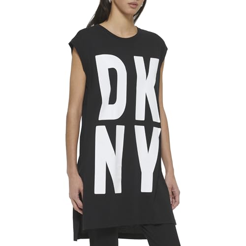 DKNY SPORTSWEAR womens Cap Sleeve Logo T-shirt T Shirt, Black/White, Large US
