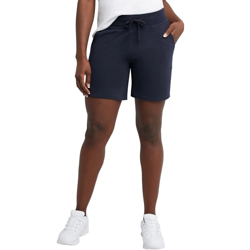 Hanes Women's Pocket Drawstring Cotton 7in Inseam Shorts Coat, Navy, Large