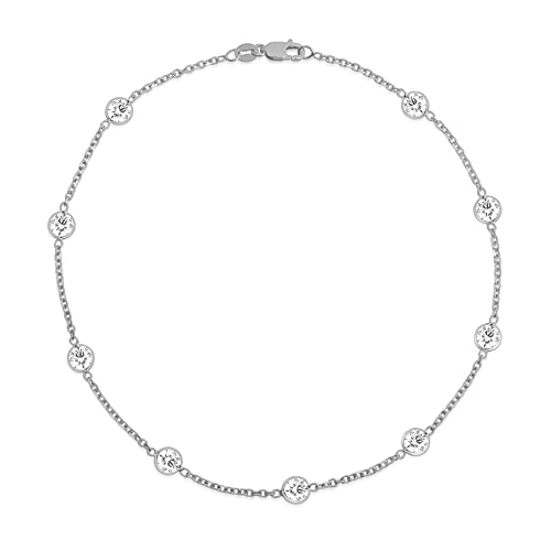 Floreo Women’s 14k White Gold Cubic Zirconia Cable Link Ankle Bracelet, 10 inch Anklet