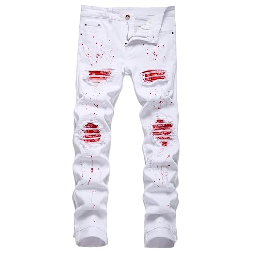 OIIIO Men's Patch Ripped Stretch Regular Fit Jean (34, 6624 White)