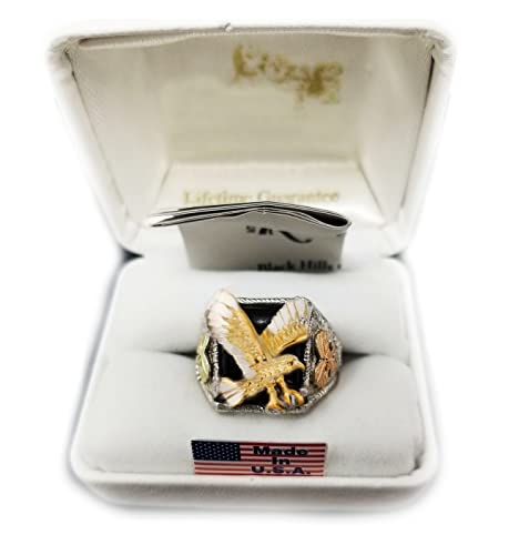 Men's 10k Yellow Gold Eagle Onyx Ring, Sterling Silver, 12k Green and Rose Gold Black Hills Gold, Size 11