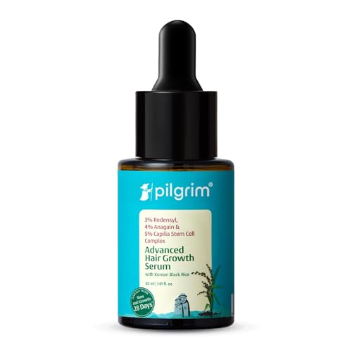 Pilgrim Advanced Hair Growth Serum with Redensyl 3%, Anagain 4% & Baicapil | Hair Fall Control & Regrowth | Korean Black Rice | For Men & Women, 1.01 Fl Oz (30ml)