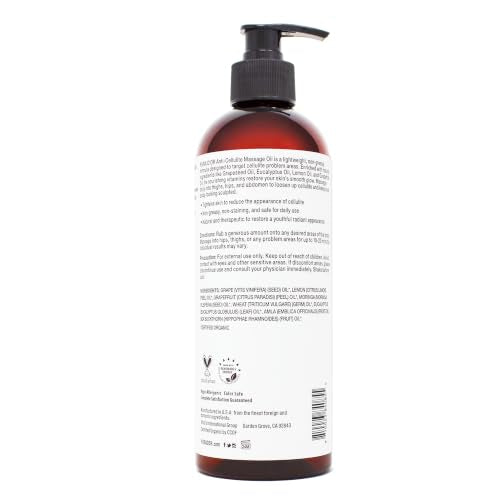 PURA D’OR 16 Oz Organic Anti-Cellulite Massage Oil for Toned Legs and Butt - Lemon Peel, Moringa, Grape Seed, Grapefruit & Eucalyptus Oils - Skin Firming & Tightening