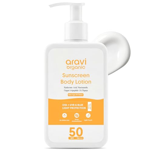 Aravi Organic Daily Oil-Free Body Sunscreen Lotion SPF 50 Broad Spectrum 80-Min Water Resistant | Niacinamide + Hyaluronic Acid + Copper Peptide | Reef Safe Vegan Oxybenzone Free | 6.76 Fl Oz