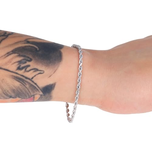 Nuragold 10k Real White Gold 3mm Rope Chain Diamond Cut Bracelet (7"-9") - 8"