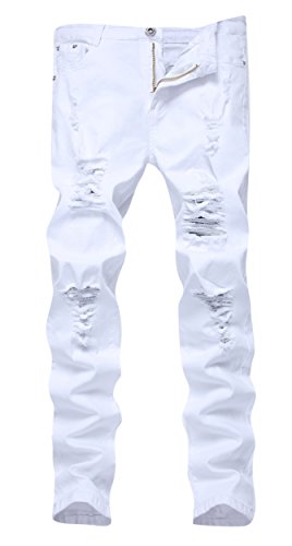 FREDD MARSHALL Men's White Skinny Slim Fit Ripped Distressed Destroyed Stretch Jeans Pants,White,38W