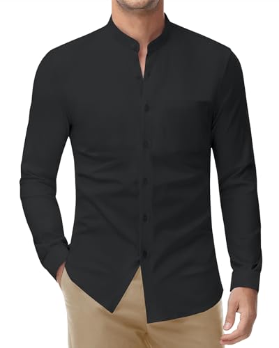 DEMEANOR Men's Collarless Dress Shirt Mandarin Collar Long Sleeve Button Down Shirts Stretch Tops with Pocket Black XL