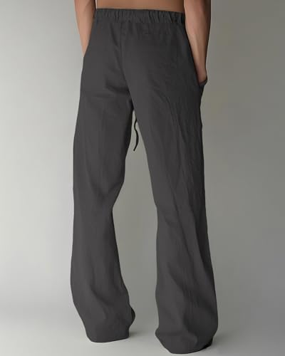 BUXKR Men's Linen Pants Beach Casual Cotton Summer Lightweight Elastic Waist Drawstring with Deep Pockets Dark Grey