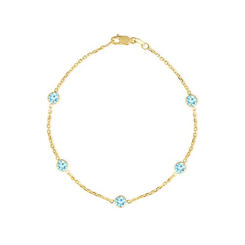 Floreo 14k Yellow Gold 4mm Round Created Aquamarine Birthstone Cable Bracelet or Anklet, 8 Inch
