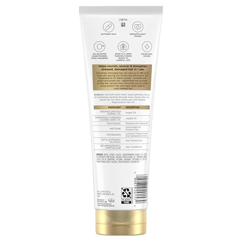 Pantene Pro-V Miracles Conditioner, Extreme Damage Care Regenerative Oil Blend 1 Minute Miracle, Moisturizes, Smooths, Argan & Jojoba Oils, 0% Sulfated Conditioners, Dyes, or Parabens, 10.9 Fl Oz