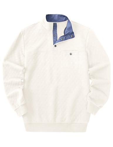URRU Quilted Sweatshirts for Men Contrast Stand Collar Casual Quarter Button Long Sleeve Cotton Pullover Sweater White XXL