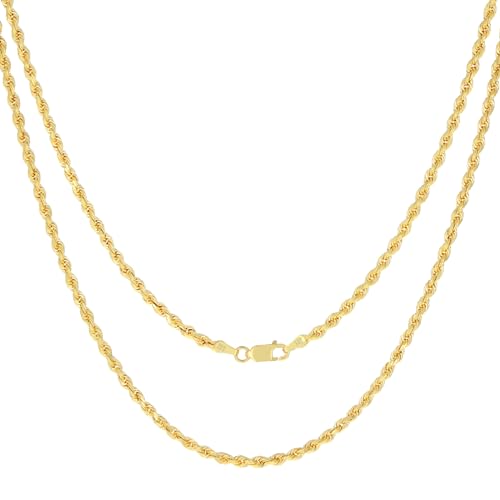 Nuragold 14k Real Yellow Gold Rope Chain Solid Diamond Cut Necklace - 3mm - 24"