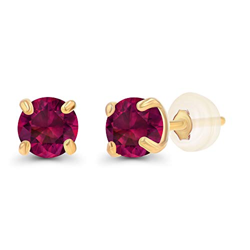 Genuine 10K Solid Yellow Gold 3mm Round Created Red Ruby July Birthstone Stud Earrings For Women