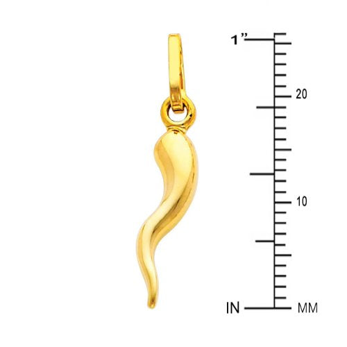 14k REAL Yellow Gold Cornicello Italian Horn Pendant with 0.9mm Cable Chain Necklace - 16"
