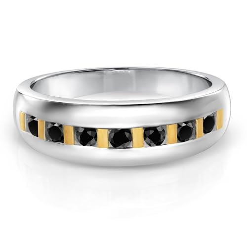 Gem Stone King Black Diamond Wedding Band Ring for Men | 925 Sterling Silver and 10K Yellow Gold | 0.46 Cttw | Round 2.5MM | Size 7