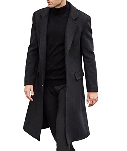 SOMTHRON Men's Casual Trench Coat Slim Fit Notched Collar Long Jacket Overcoat Single Breasted Pea Coat wih Pockets BL-M