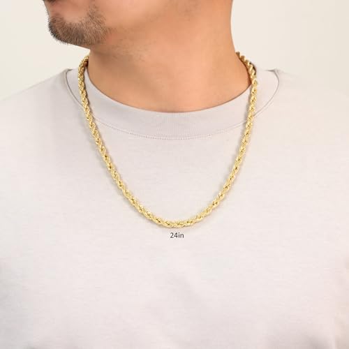 Nuragold 14k Real Yellow Gold Rope Chain Diamond Cut Mens Necklace - 7mm - 24"